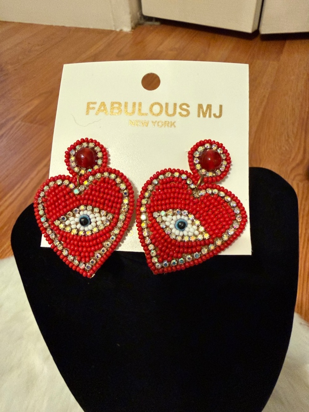 Red Beaded Heart Eye Earrings